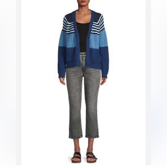 New Free People x Marine Layer Color Block Striped Sm Boyfriend-Style Button - Picture 2 of 7